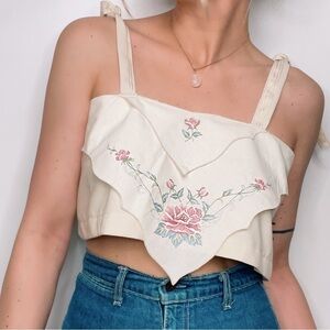 Linen Embroidered Reworked Upcycled Handmade Floral Romanic Bib Crop Top